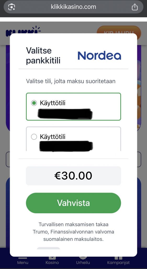Pankkitilin valinta Trumo talletusta varten